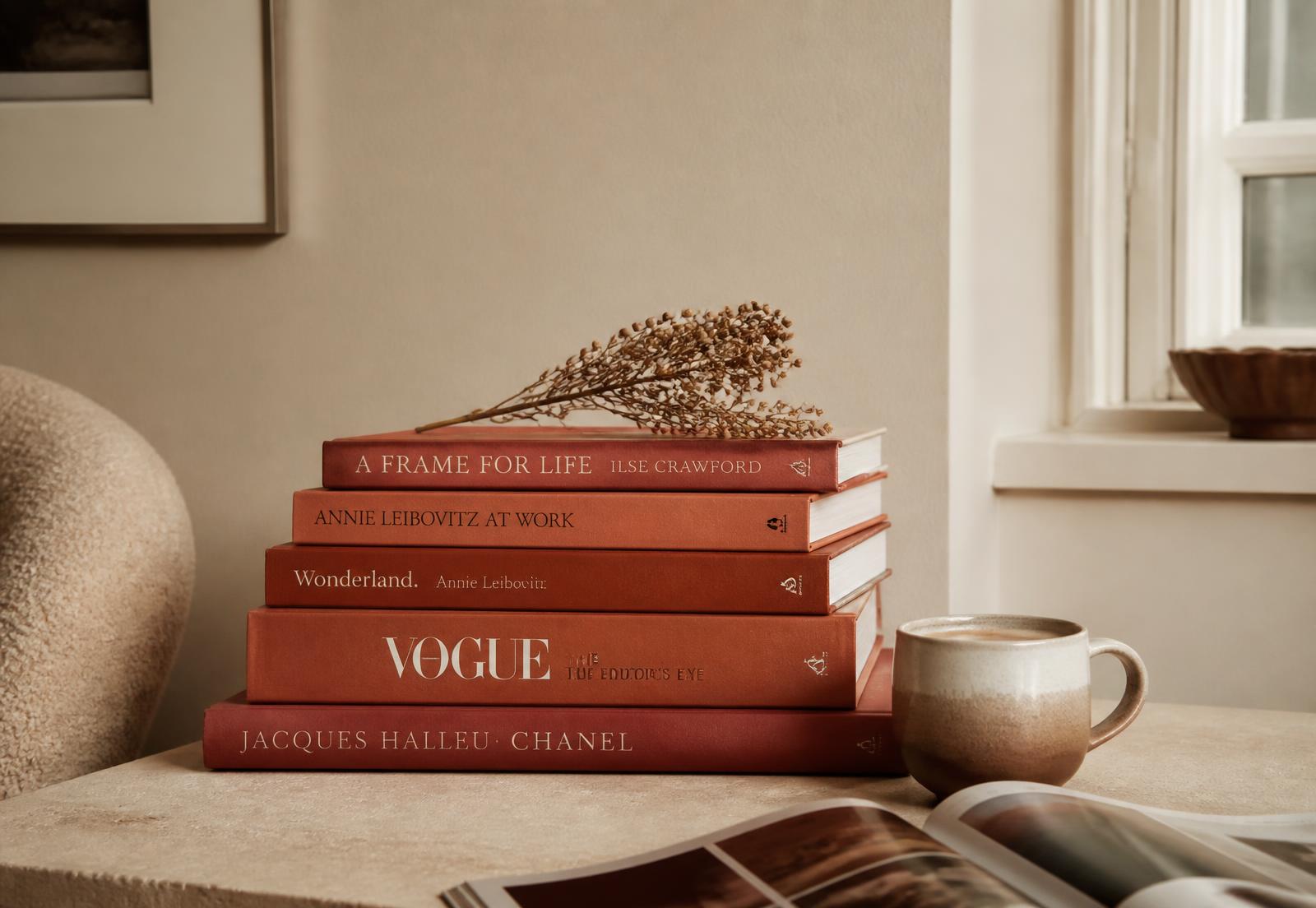 Pila di libri rilegati in tonalità terracotta accanto a una tazza di caffè